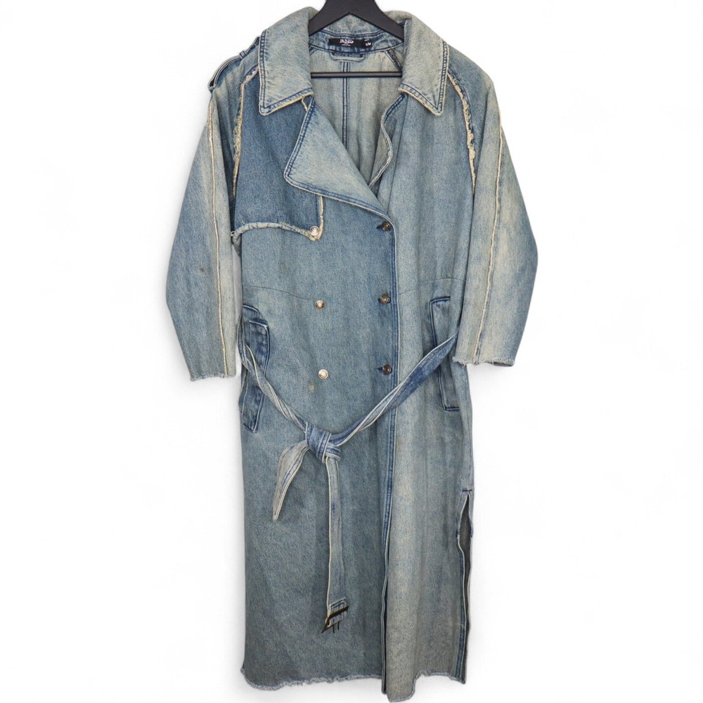 Jaded London Denim Belted Trench Coat Womens S Blue Distressed Longline Jacket